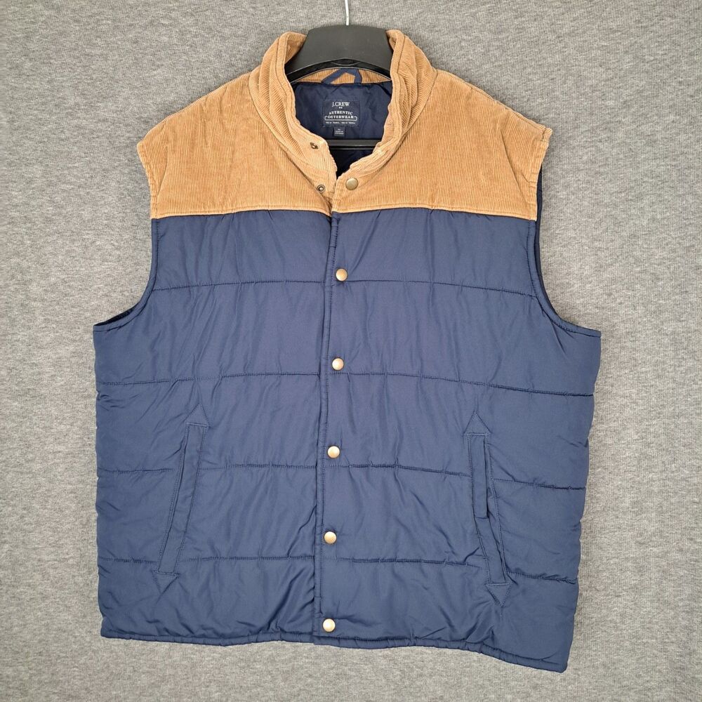 J.Crew Men's Puffer Vest Navy Blue with Brown Corduroy Trim Size XL